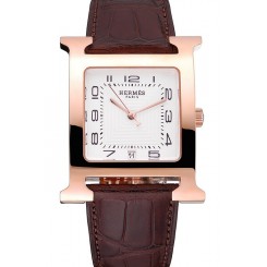 Hermes Heure H White Dial Gold Case Brown Leather Strap