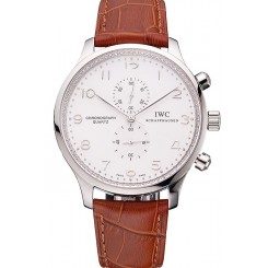Imitation Luxury IWC Portugieser Chronograph White Dial Steel Hands And Numerals Stainless Steel Case Brown Leather Strap