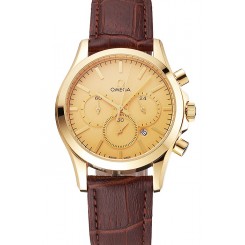 Imitation Omega Chronograph Gold Dial Gold Case Brown Leather Strap