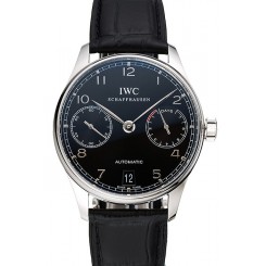 Imitation Swiss IWC Portuguese Black Dial Silver Case Black Leather Bracelet 1453903