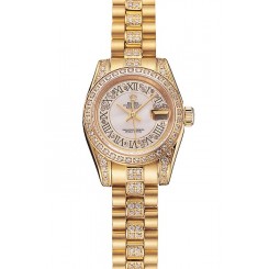 Imitation Swiss Rolex DayJust Diamond Pave White Dial Gold Diamond Bracelet 1453957