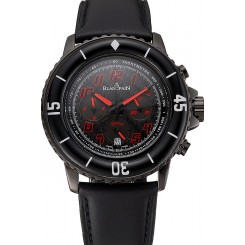 Knockoff Fashion Blancpain Fifty Fathoms Speed Command Carbon Fiber Dial With Red Markings Black PVD Case Black Leather Strap 1453775