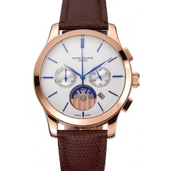 Patek Philippe Chronograph White Dial Rose Gold Case Brown Leather Strap