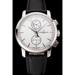 Replica Luxury Swiss Vacheron Constantin Patrimony Traditionnelle Chronograph White Dial Stainless Steel Case Black Leather Strap 1453768