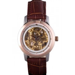 Replica Vacheron Constantin White Skeleton Watch with Rose Gold Bezel and Brown Leather Strap 621539 Watch