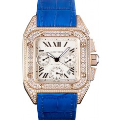 Swiss Cartier Santos Rose Gold Bezel with Diamonds and Blue Leather Strap 621529