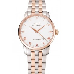 Swiss Mido Baroncelli White Dial Rose Gold Bezel Stainless Steel Case Two Tone Bracelet 1453835