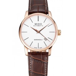 Swiss Mido Baroncelli White Dial Rose Gold Case Brown Leather Strap 1453838