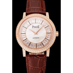 Swiss Piaget Altiplano Diamond Set Rose Gold Case And Pearl Dial Brown Leather Strap 1453744