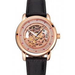 Swiss Piaget Altiplano Rose Gold Skeleton Dial With Diamonds Rose Gold Case Black Leather Strap