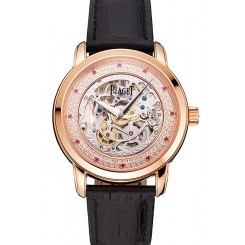 Swiss Piaget Altiplano Skeleton Dial With Diamonds Rose Gold Case Black Leather Strap