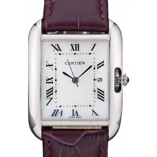 Cartier Tank Anglaise 30mm White Dial Stainless Steel Case Purple Leather Bracelet