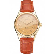 Fake Designer Swiss Rolex Cellini Gold Dial And Markings Gold Case Light Brown Leather Strap