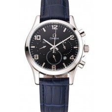 Knockoff Omega Chronograph Black Dial Stainless Steel Case Blue Leather Strap