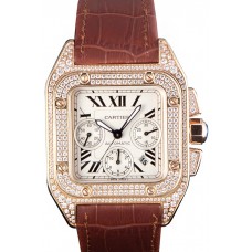 Swiss Cartier Santos Rose Gold Bezel with Diamonds and Brown Leather Strap sct43 621527