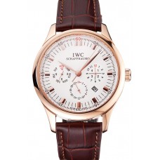 Swiss IWC Portugieser Perpetual Calendar White Dial Rose Gold Case Brown Leather Strap