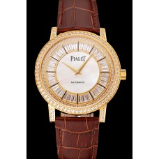 Swiss Piaget Altiplano Diamond Set Gold Case And Pearl Dial Brown Leather Strap 1453745